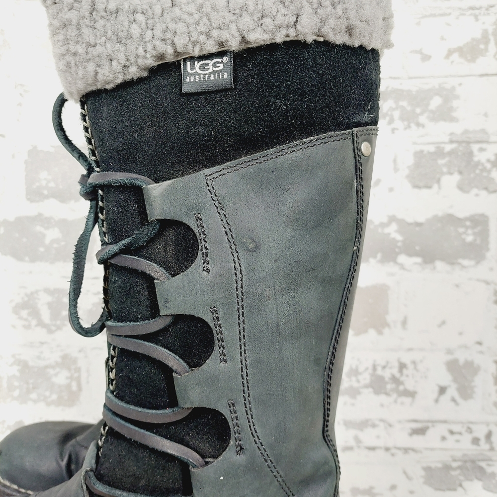 UGG Torrey Black Leather Knit Tall Pull on Winter Snow Boots V704 - Picture 2 of 12